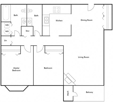 Floor plan for 2 beds, 1.5 baths, 1121 sqft